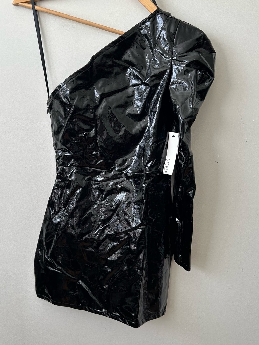 Steele Faux Leather Black One Shoulder Mini Dress XS